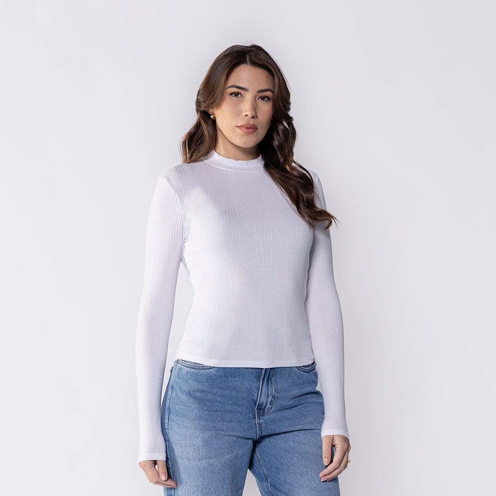Blusa Feminina Com Manga Longa E Gola Alta Canelada Patricia Foster Branco