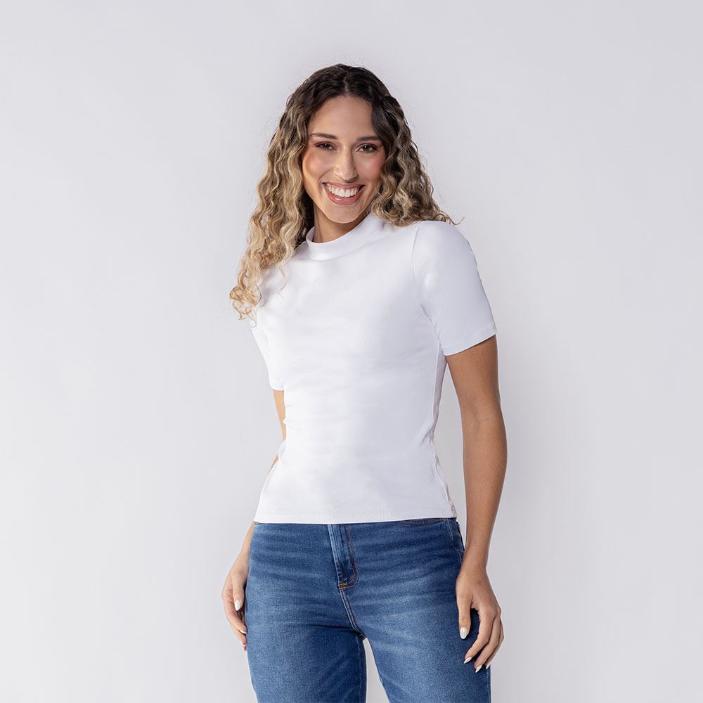 Blusa Feminina Gola Alta Canelada Patrícia Foster Branco