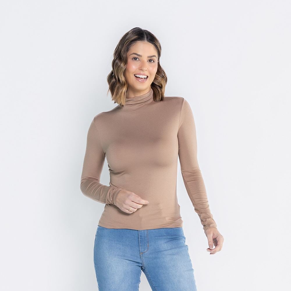 Blusa Feminina Gola Alta E Manga Longa De Viscose Patricia Foster Marrom Dill