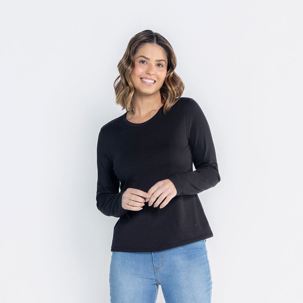 Blusa Feminina Manga Longa Com Gola Redonda Patricia Foster Preto