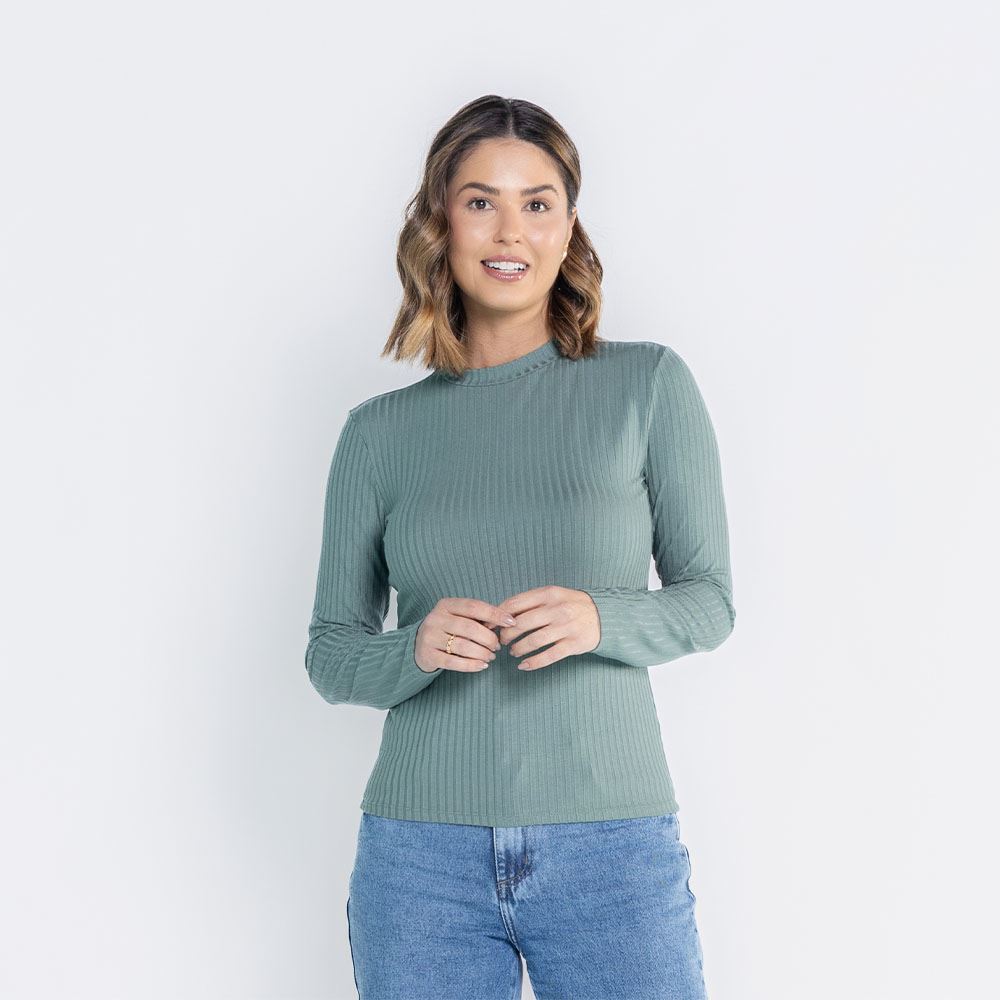 Blusa Feminina Manga Longa E Gola Alta Canelada Patricia Foster Verde Clima