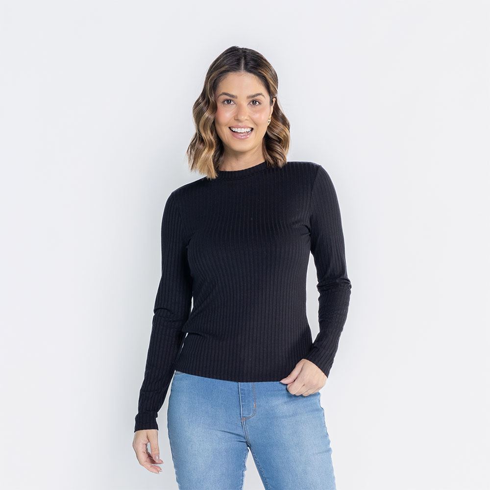 Blusa Feminina Manga Longa E Gola Alta Canelada Patricia Foster Preto