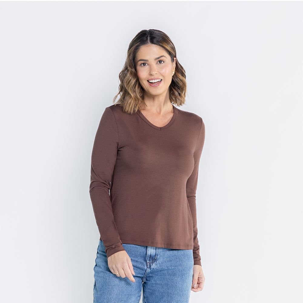 Blusa Feminina Manga Longa Em Malha Viscose Patricia Foster Marrom