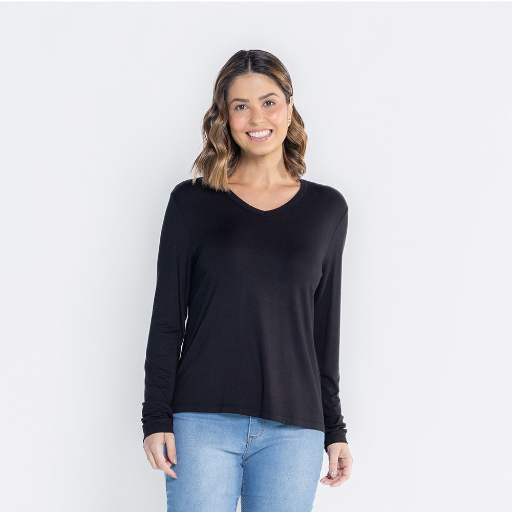 Blusa Feminina Manga Longa Em Malha Viscose Patricia Foster Preto