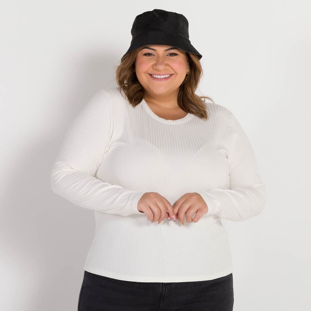 Blusa Plus Size Canelada Decote Redondo Patricia Foster Mais Off White