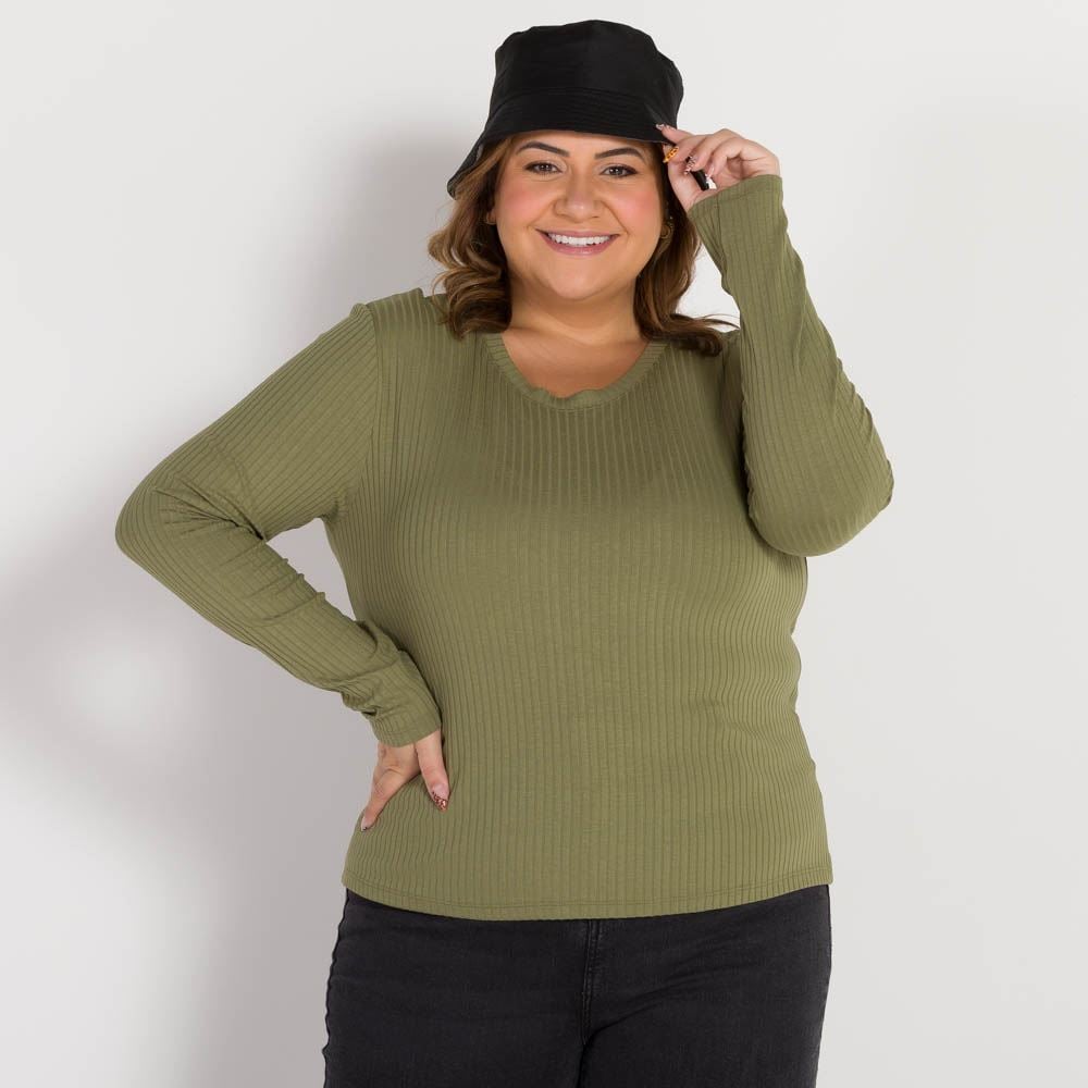 Blusa Plus Size Canelada Decote Redondo Patricia Foster Mais Verde Matte