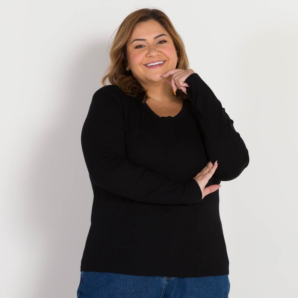 Blusa Plus Size Canelada Decote Redondo Patricia Foster Mais Preto