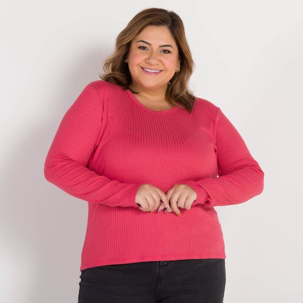 Blusa Plus Size Canelada Decote Redondo Patricia Foster Mais Rosa Beauty
