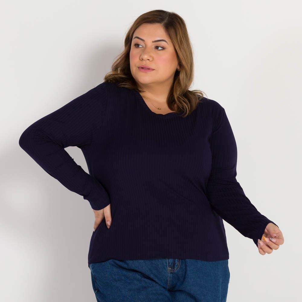 Blusa Plus Size Canelada Decote Redondo Patricia Foster Mais Azul Marinho
