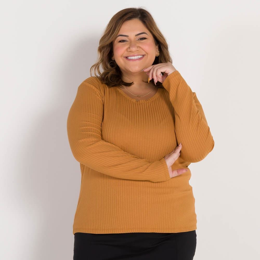 Blusa Plus Size Canelada Decote Redondo Patricia Foster Mais Bege