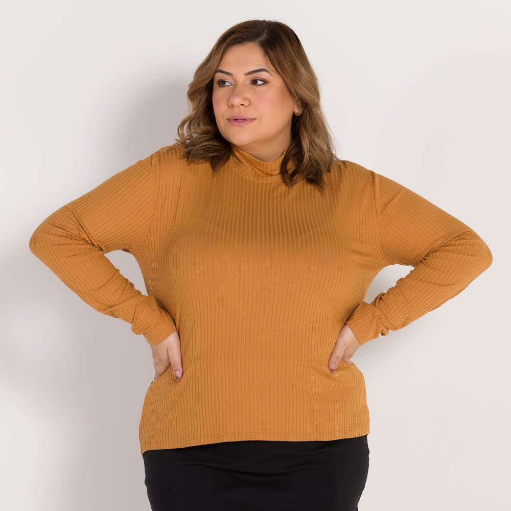 Blusa Plus Size Canelada Gola Alta Patricia Foster Mais Bege