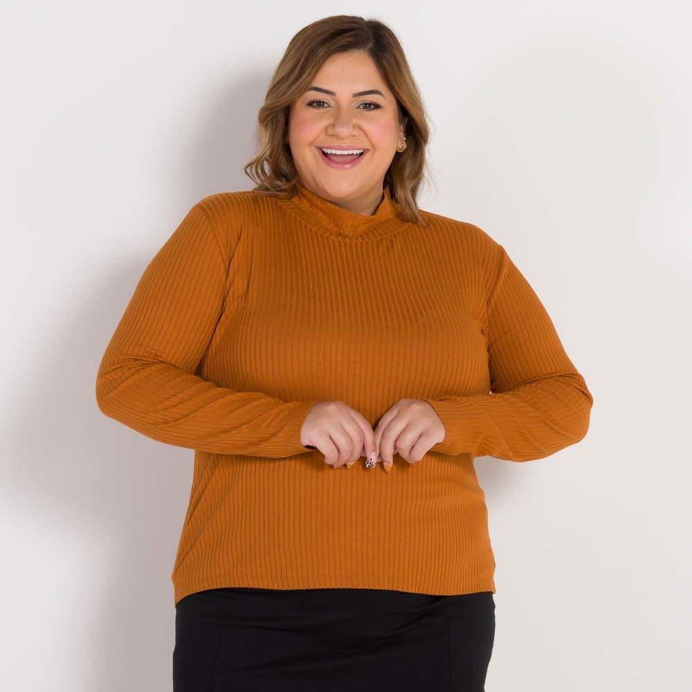 Blusa Plus Size Canelada Gola Alta Patricia Foster Mais Caramelo Mousse