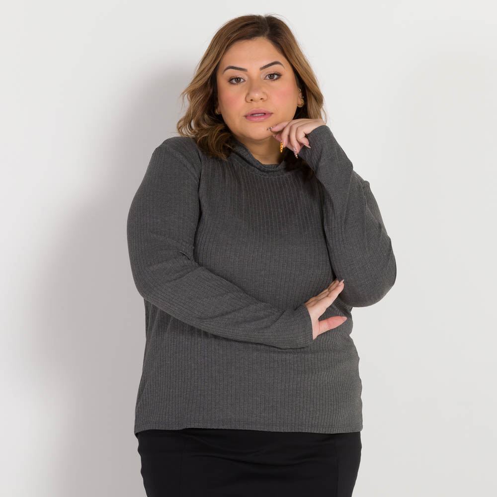 Blusa Plus Size Canelada Gola Alta Patricia Foster Mais Mescla Chumbo