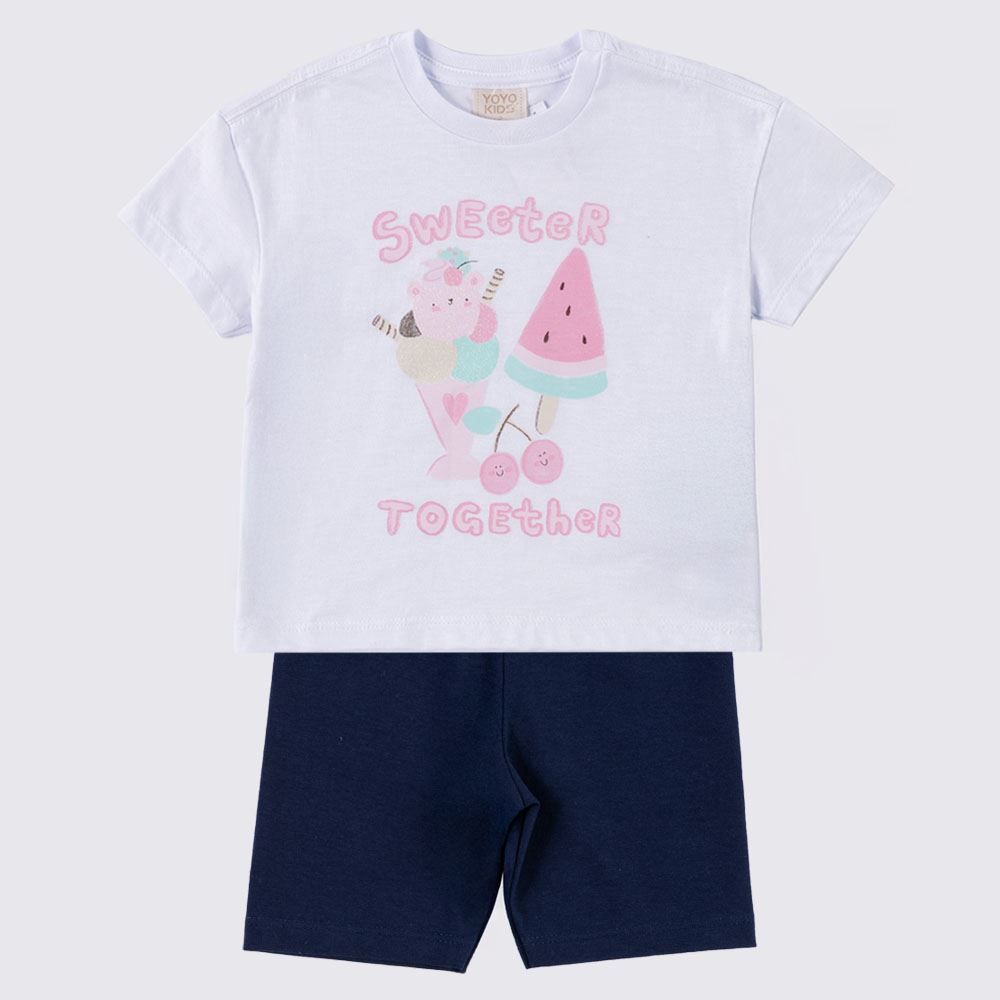 Conjunto Infantil Menina 1 a 3 Anos Yoyo Kids Branco/Marinho