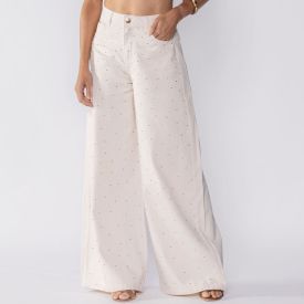 Cal&ccedil;a Feminina Palazzo Com Strass Boby Blues Natural