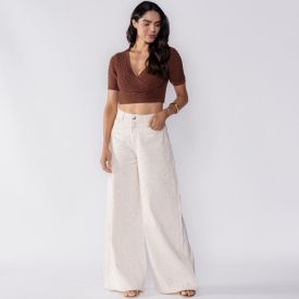 Cal&ccedil;a Feminina Palazzo Com Strass Boby Blues Natural