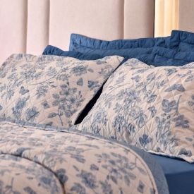 Kit Colcha Casal Versalhes Estampada Havan Casa 3 Pe&ccedil;as - Floral Azul