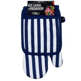 Kit Luva e Pegador de Panelas Jolitex - Listras Azul 