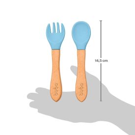 Kit Talheres Infantil  Silicone E Bambu Buba - Azul Claro