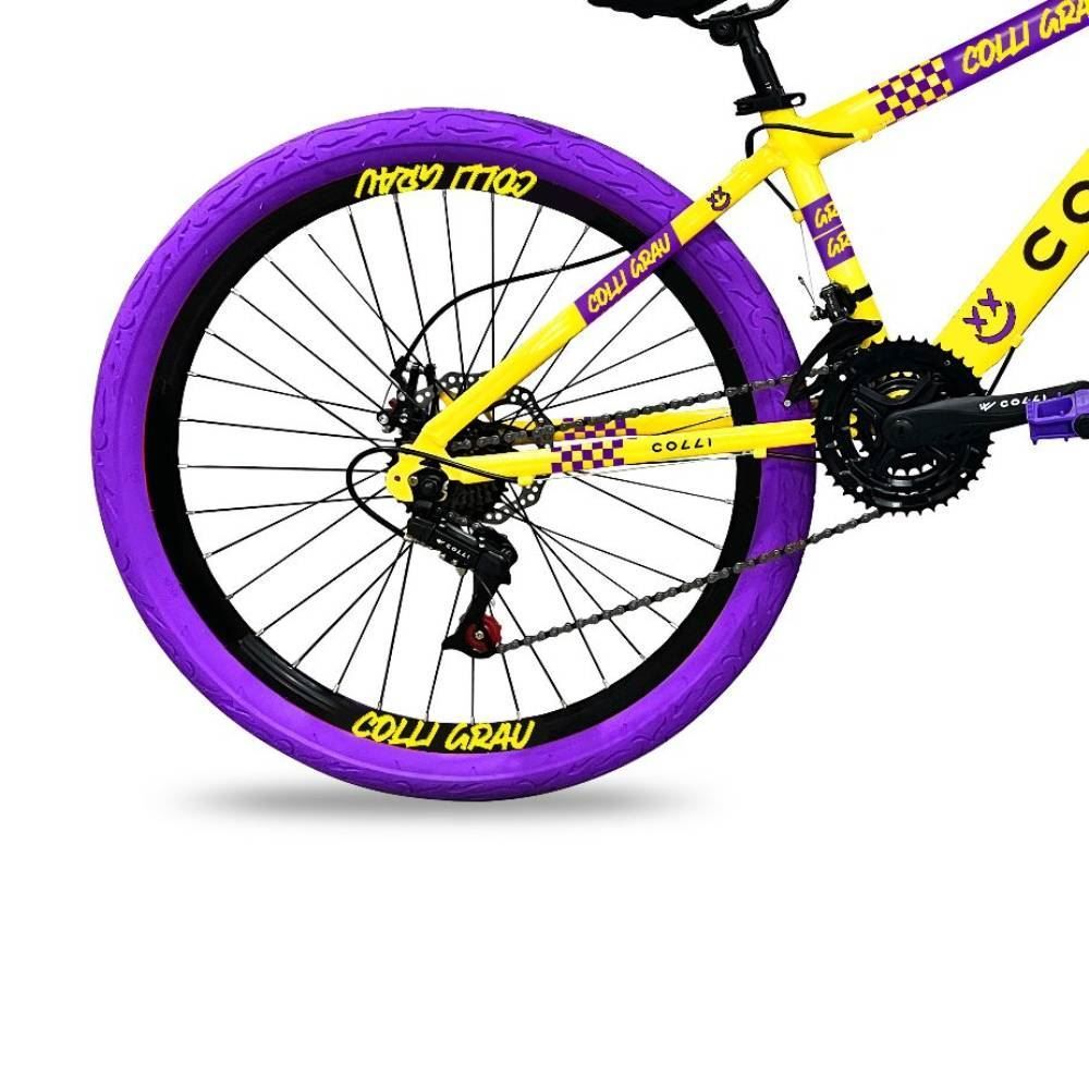 Bicicleta Aro 26 Colli Grau Freios a Disco e Suspensão Dianteira - AMARELO/ROXO