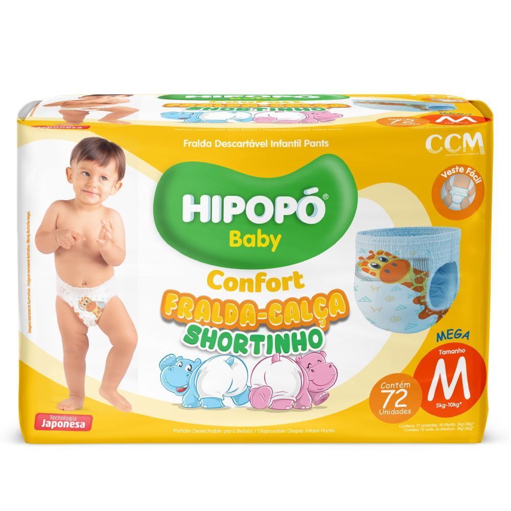 Fraldas Descartáveis Calça Shortinho M Confort Hipopó Baby  - 72 unidades