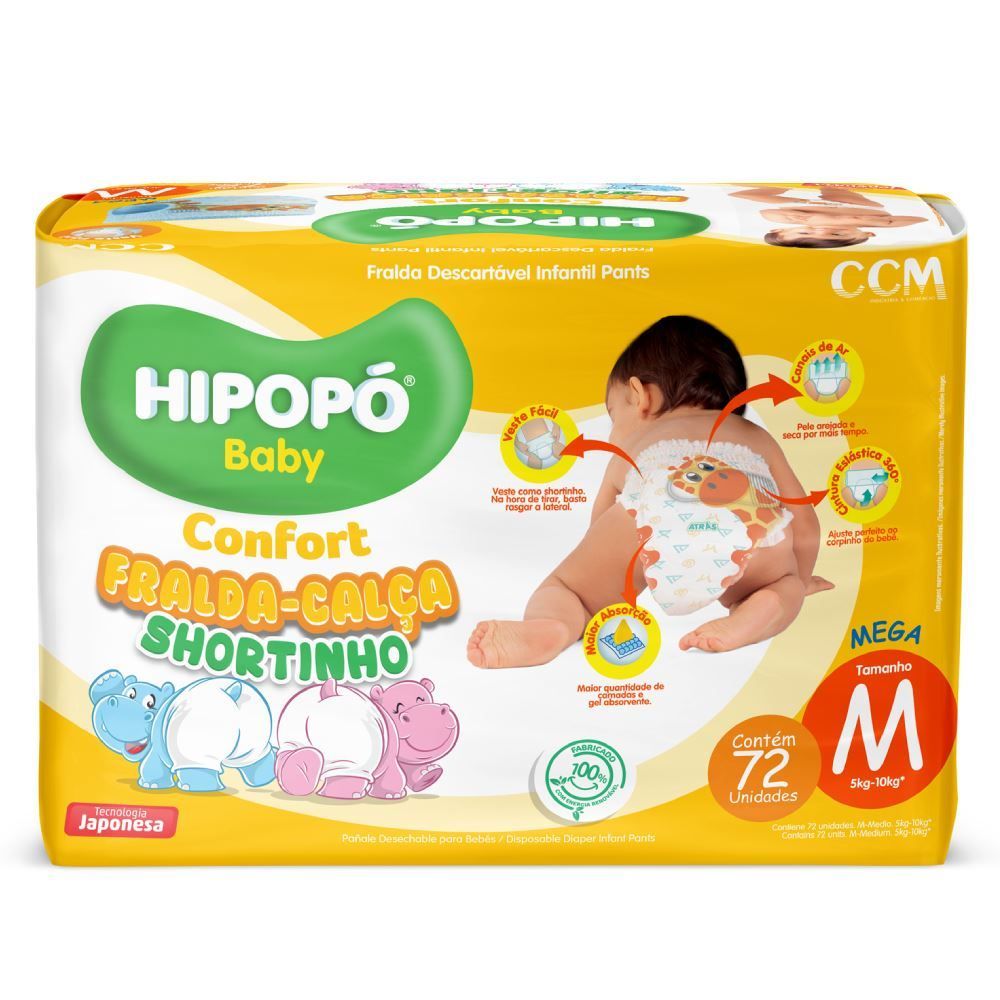 Fraldas Descartáveis Calça Shortinho M Confort Hipopó Baby  - 72 unidades
