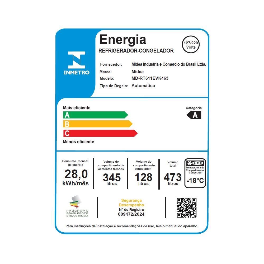 Geladeira Midea Frost Free Duplex 473 Litros Inverter Inox - Bivolt