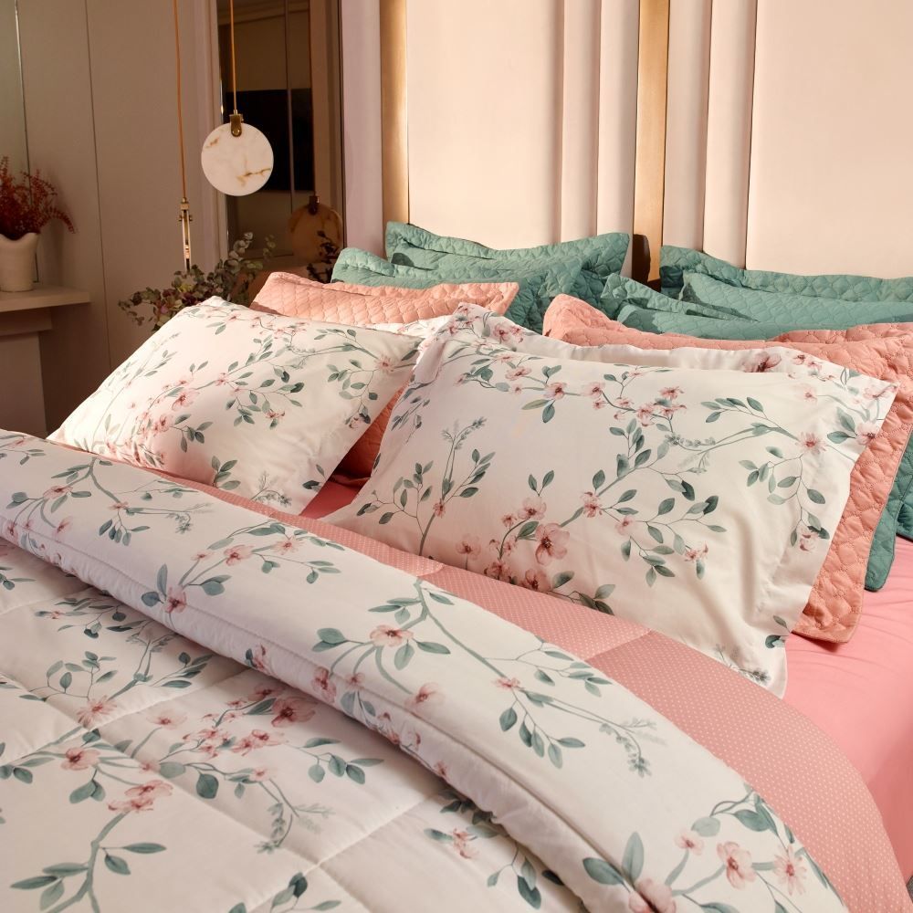 Jogo de Cama Casal Percal Buona Fortuna 4 pçs - Aurora Poa Rosa