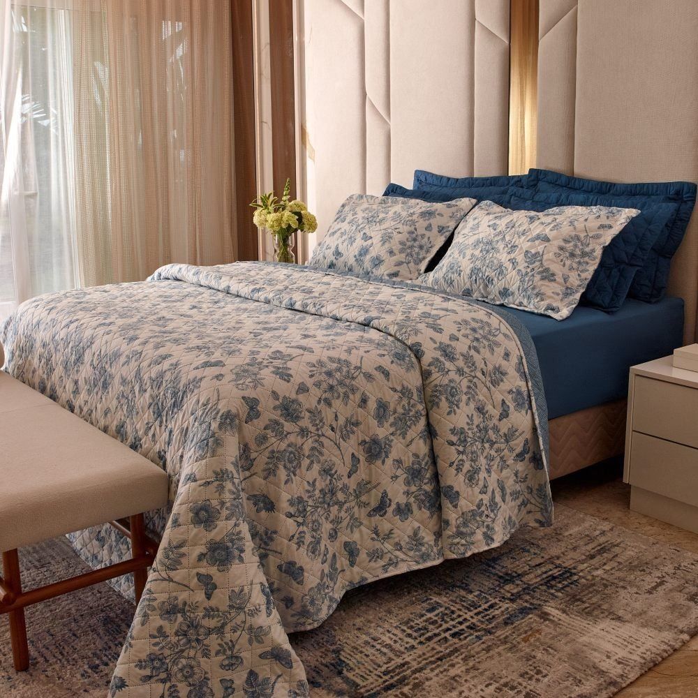 Kit Colcha Casal Versalhes Estampada Havan Casa 3 Peças - Floral Azul