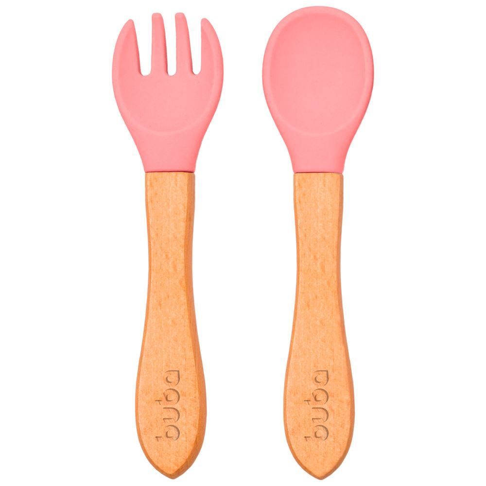 Kit Talheres Silicone E Bambu Buba - Rosa Claro
