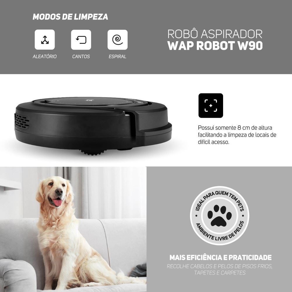 Aspirador de Pó Robô Wap 3 em 1 Varre Aspira e Passa Pano W90 - Bivolt