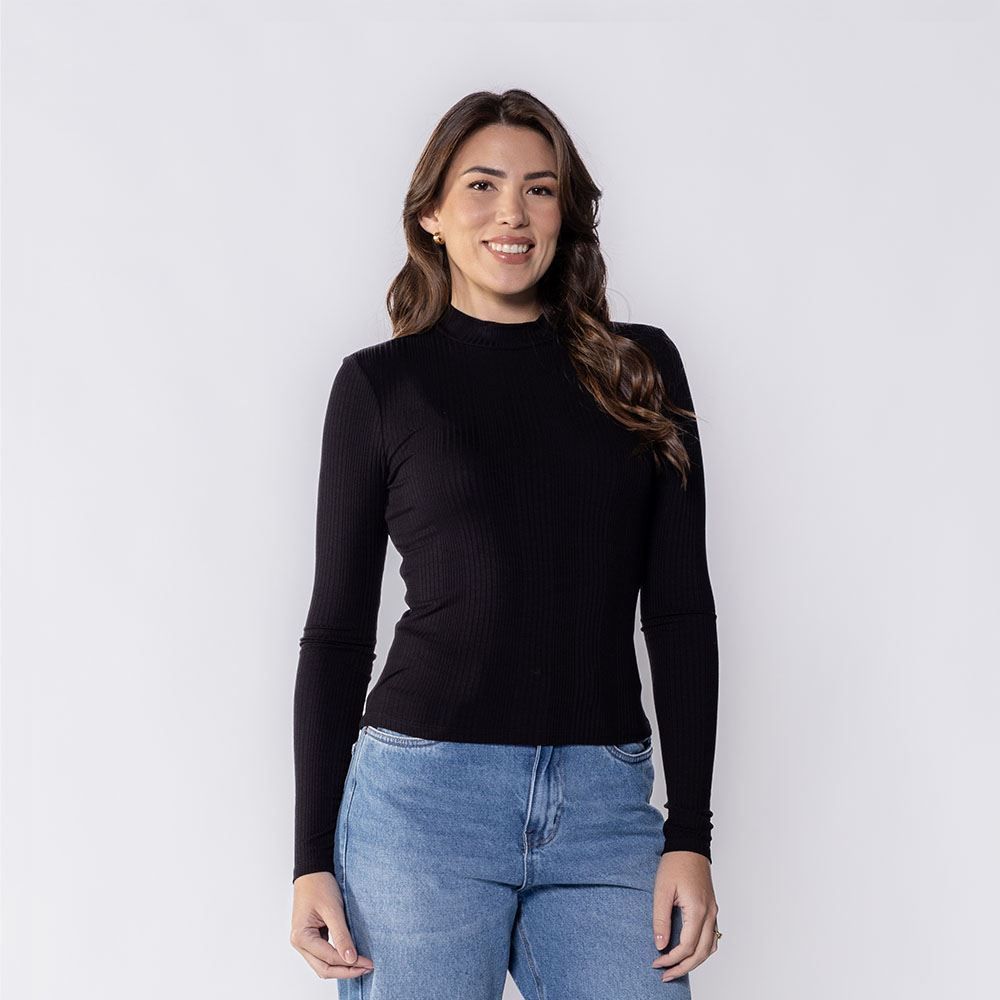Blusa Feminina Com Manga Longa E Gola Alta Canelada Patricia Foster