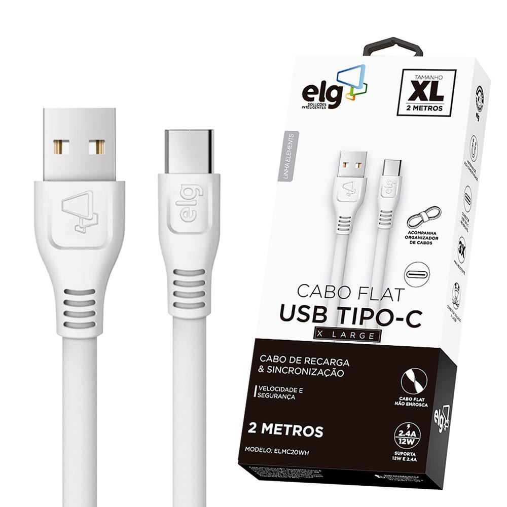 Cabo Flat USB Tipo-C 2 Metros ELMC20WH ELG - Branco