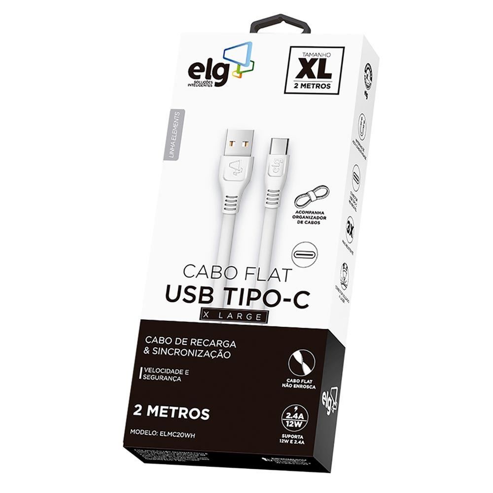 Cabo Flat USB Tipo-C 2 Metros ELMC20WH ELG - Branco