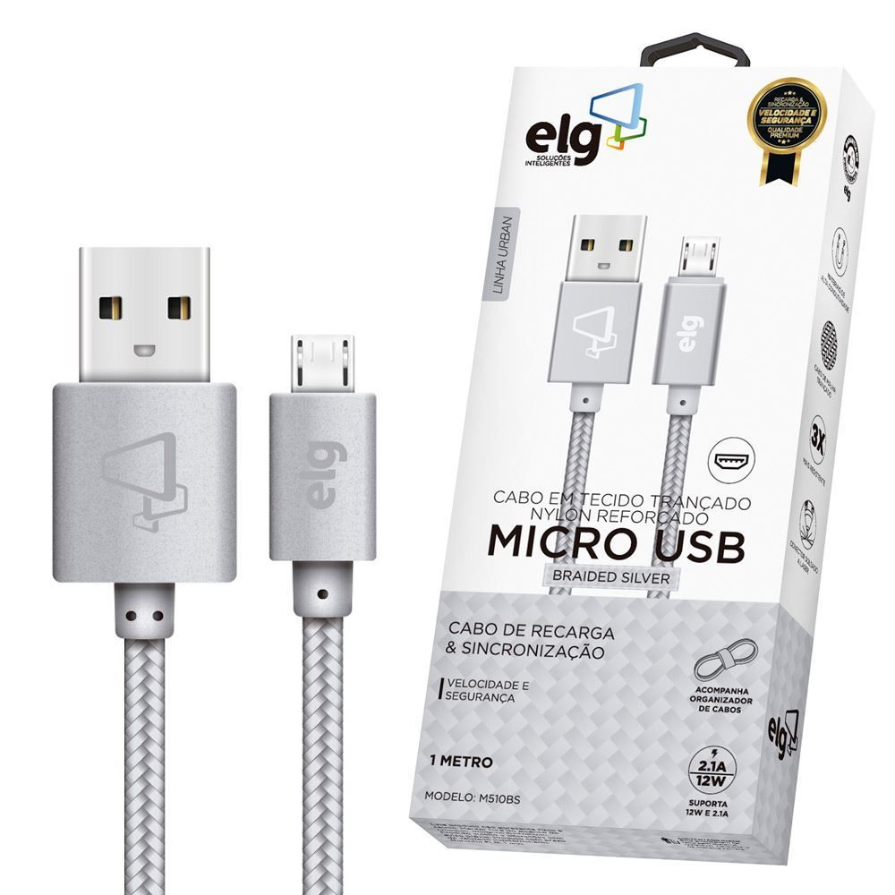 Cabo Micro Usb Nylon Trançado Elg 1 Metro M510 - Prata