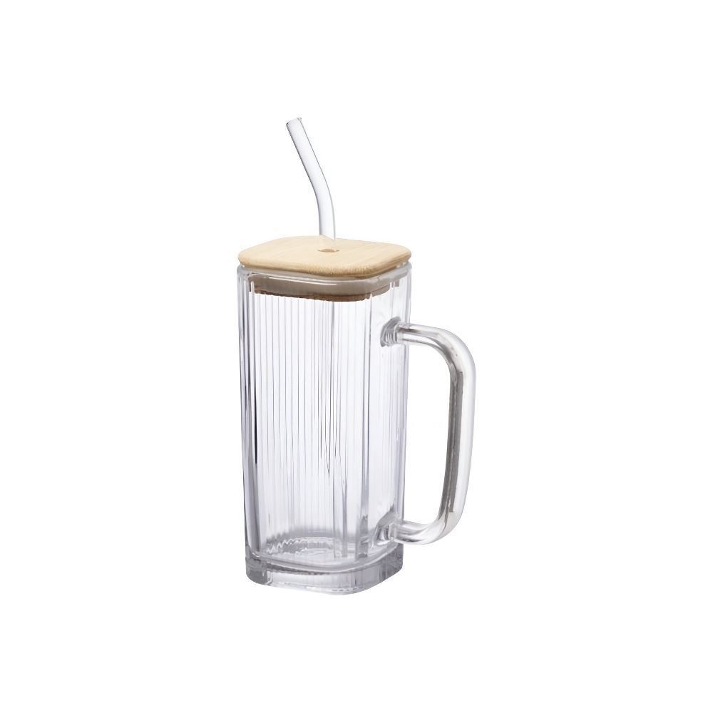 Caneca Quadrada Com Tampa De Bambu E Canudo Hauskraft 290 Ml - Transparente
