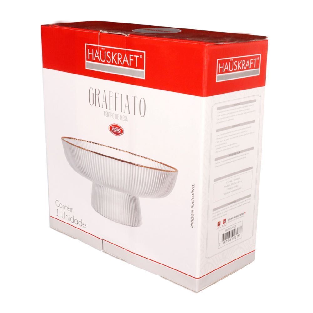 Centro De Mesa Com Pe De Vidro Graffiato Borda Dourada 30Cm Hauskraft