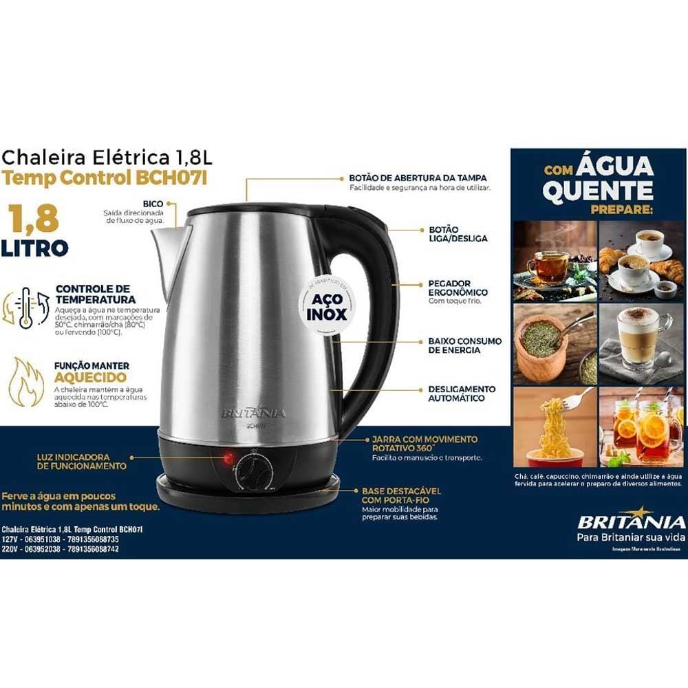 Chaleira Elétrica Britânia 1,8L Inox BCH07I Controle de Tempo