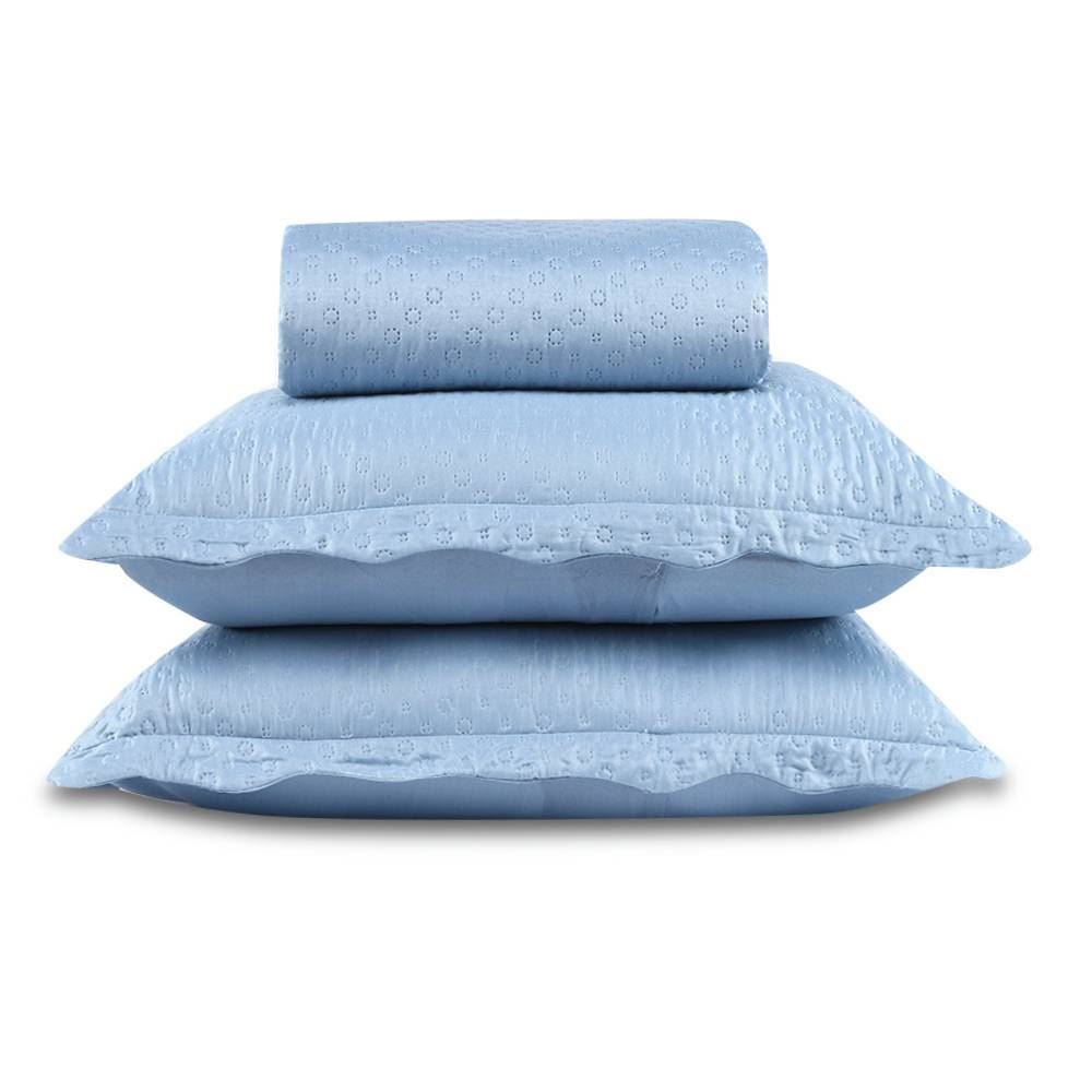 Kit Colcha Casal 100% Poliéster Lisa Rozac 3 Pçs - Azul Névoa