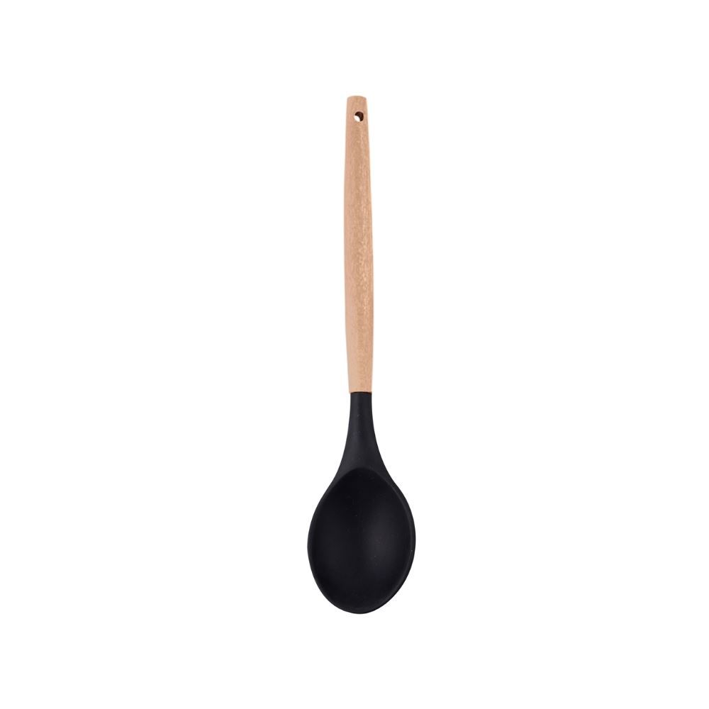 Colher De Silicone Redonda Com Cabo De Madeira 31Cm - Preto