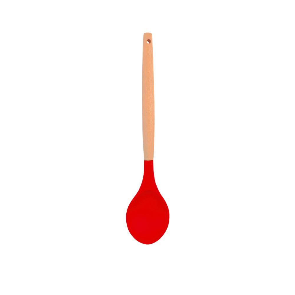 Colher De Silicone Redonda Com Cabo De Madeira 31Cm - Vermelho