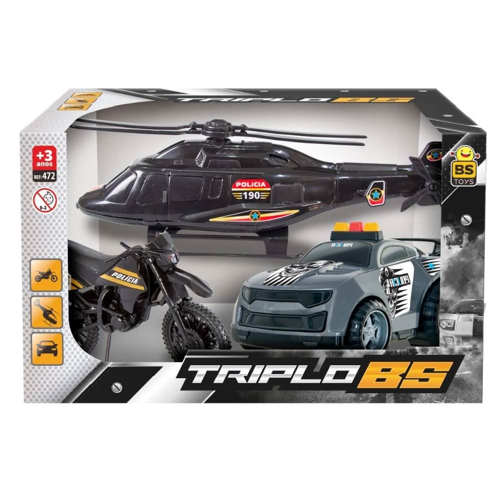 Conjunto Triplo Carro, Moto E Helicoptero Bs Toys  - 472 