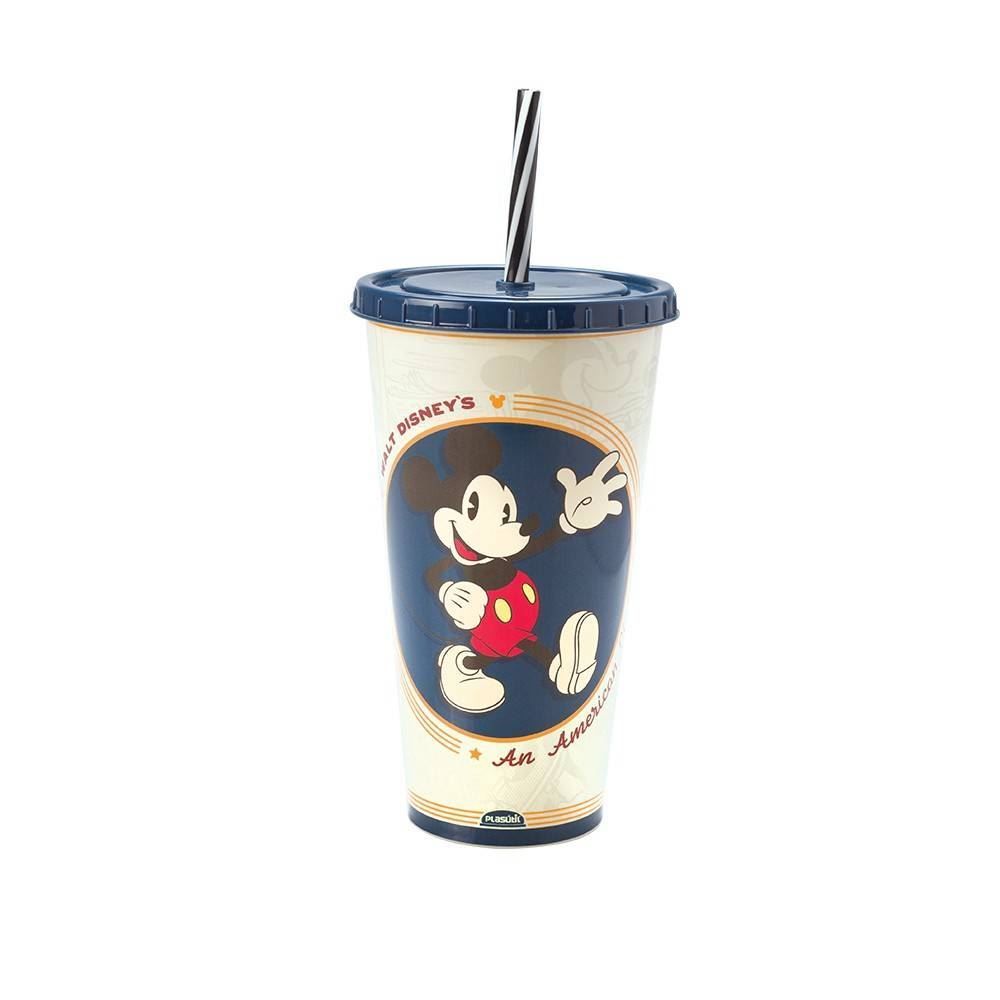 Copo C/ Canudo Plasútil Disney Mickey 700Ml - Bege E Azul 