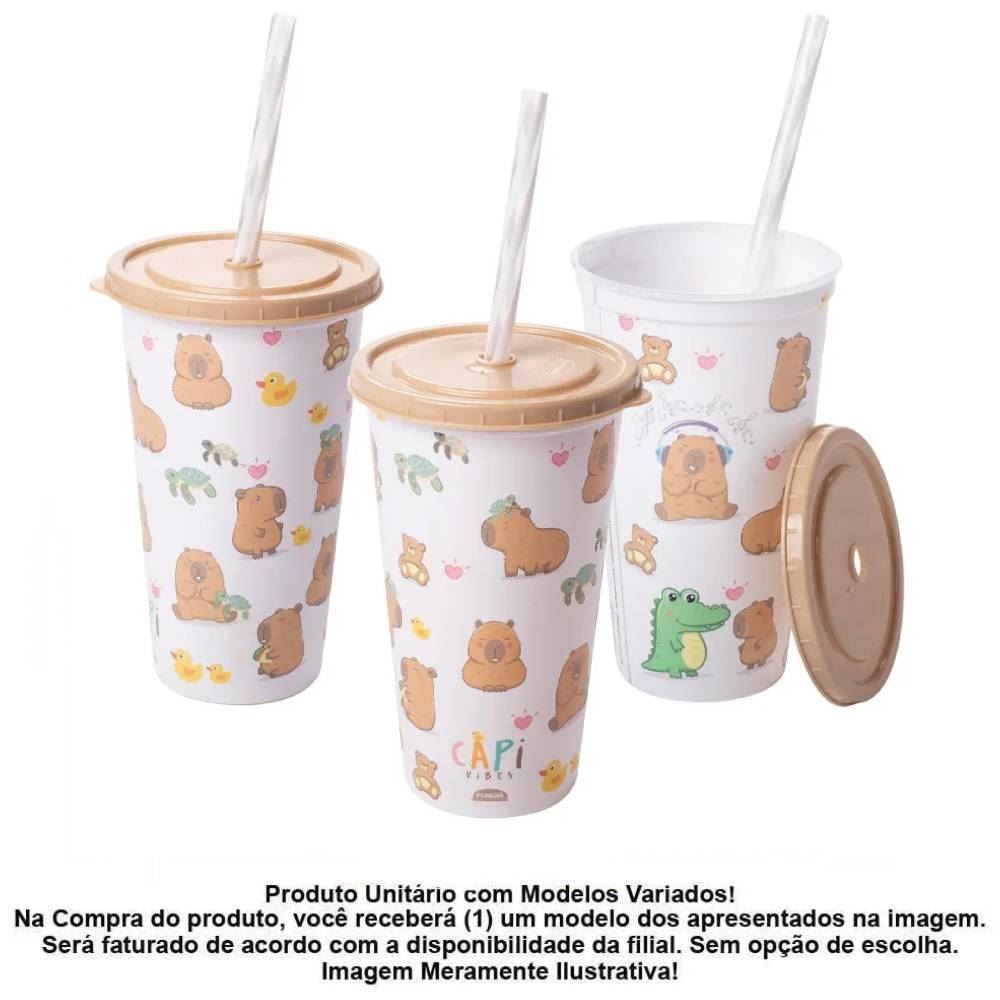Copo Com Canudo Capivara 500 Ml Sortido - Plasútil