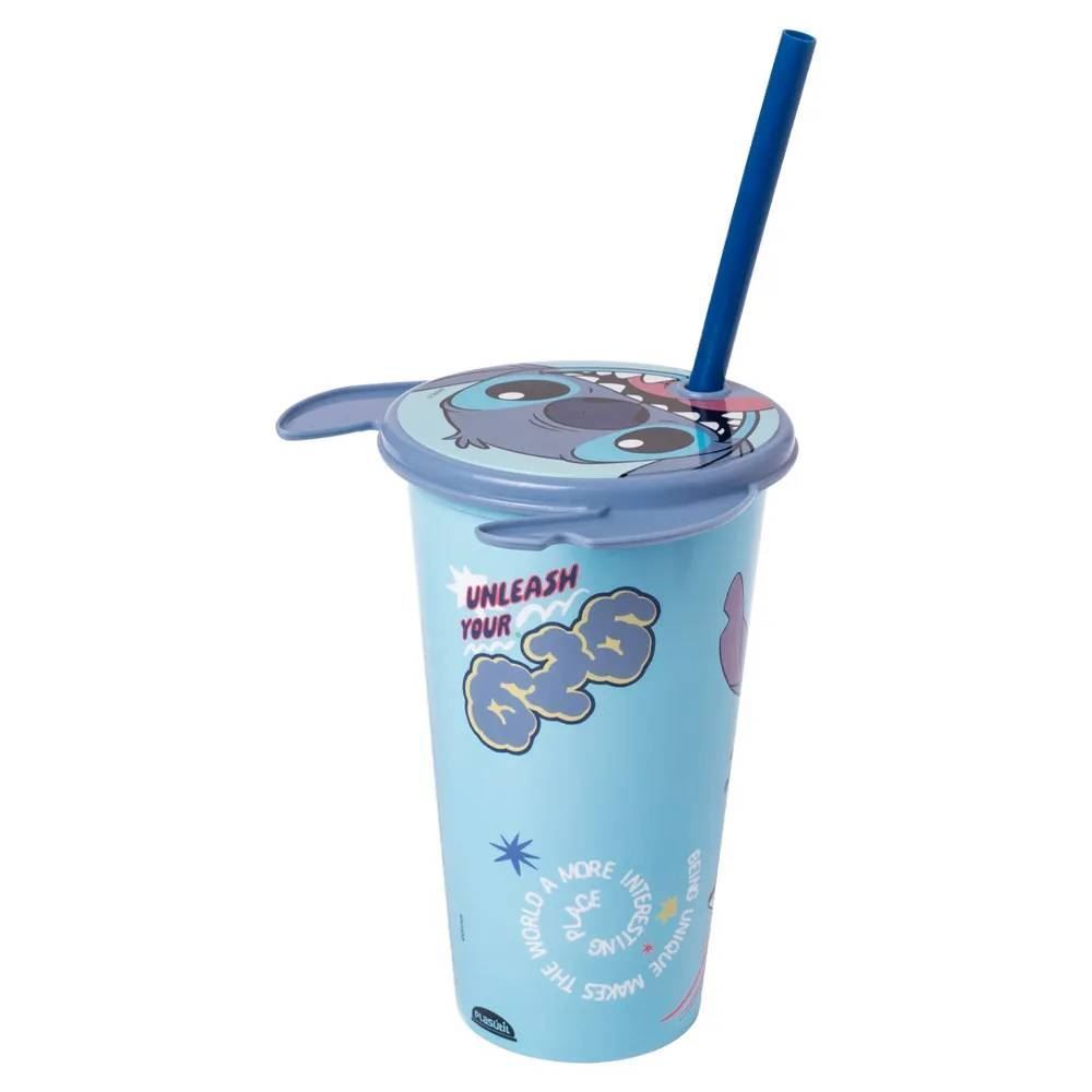 Copo Com Canudo E Tampa De Orelhas Stitch Plásutil - 500Ml