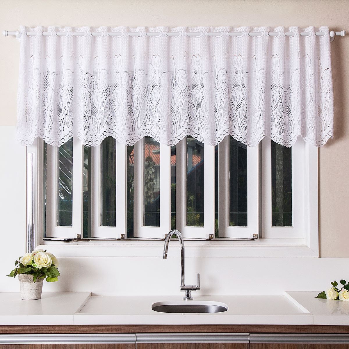 Cortina Em Renda 2,00X60cm Para Cozinha - Tulipinhas Branca