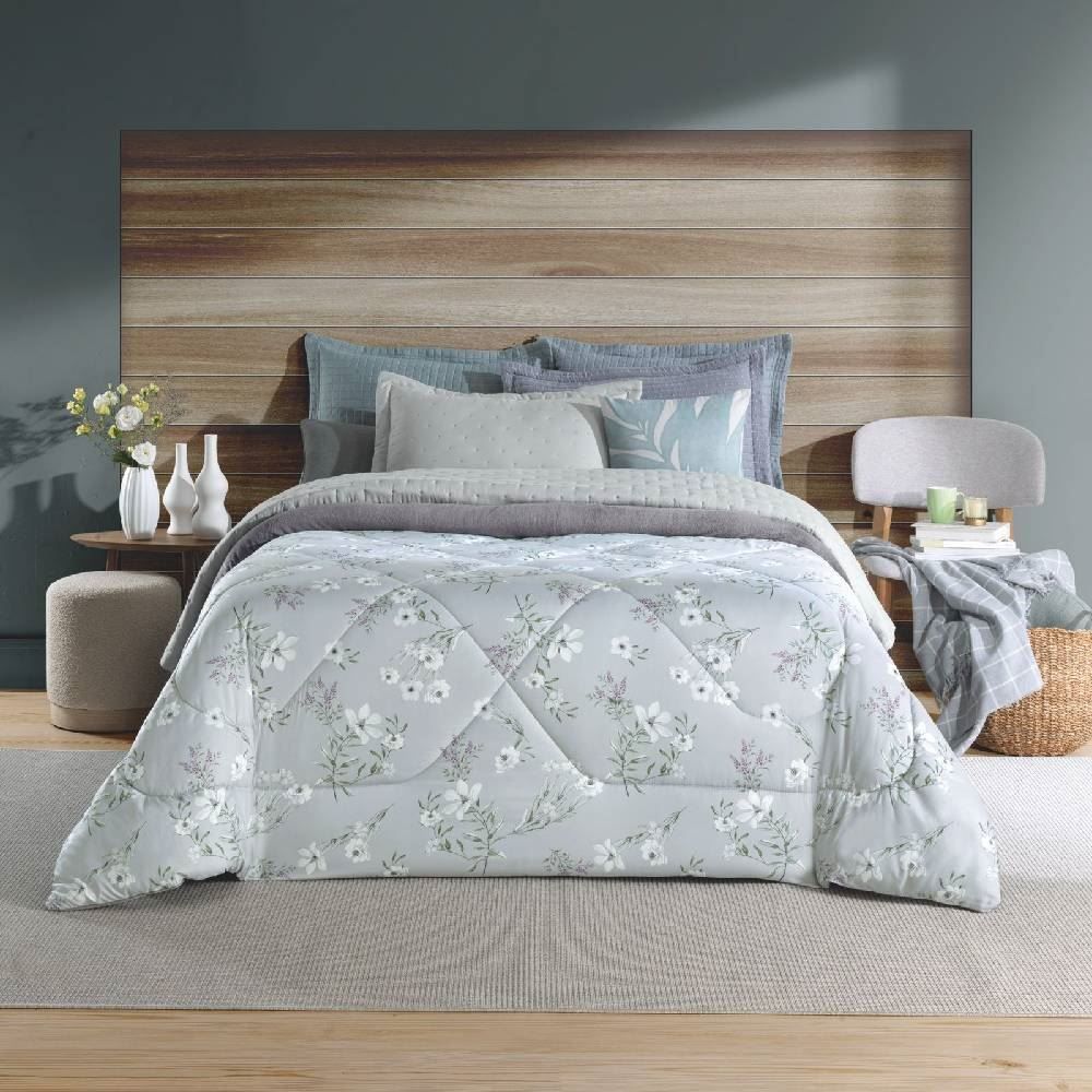 Edredom Casal Plush E Dupla Face Napoli Havan Casa - Floral Cinza
