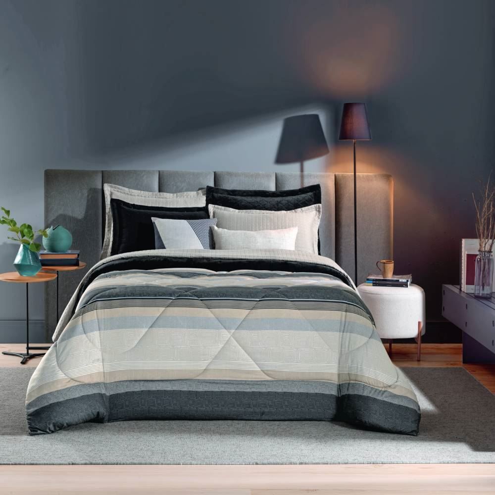 Edredom Queen Dupla Face Bellagio Havan Casa - Geométrico Cinza