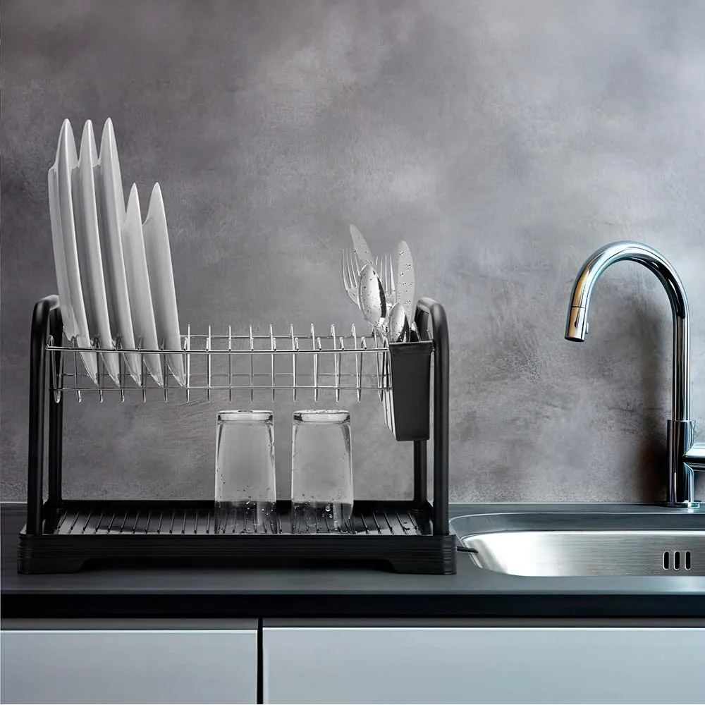 Escorredor de Louças Duplo com Bandeja Desmontável Arthi - Preto