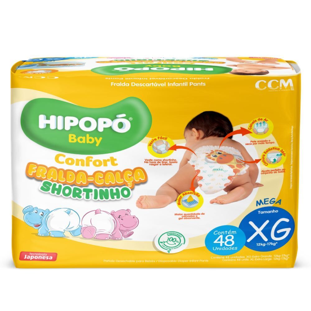 Fraldas Descartáveis Calça Shortinho Xg Confort Hipopó Baby  - 48 unidades